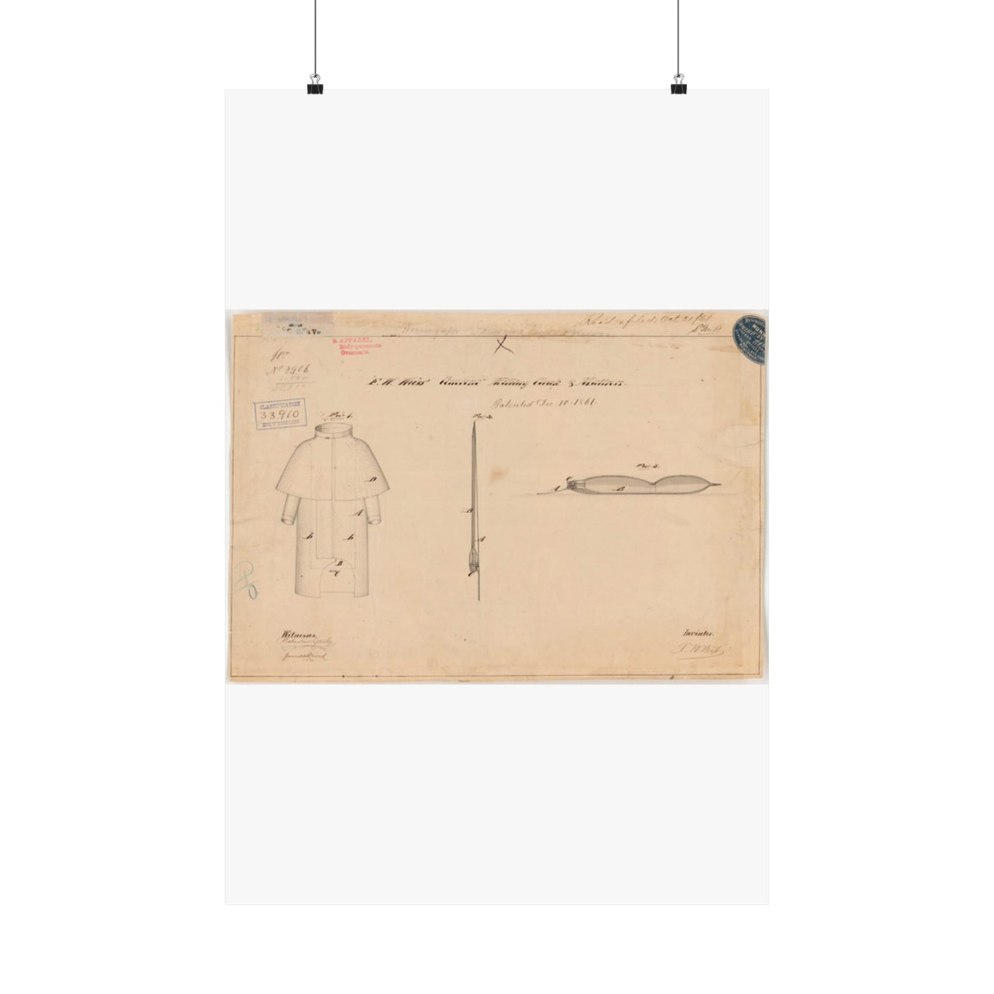 Patent drawing - Drawing of Combined Military Cloak and Mattress Public domain image High Quality Matte Wall Art Poster for Home, Office, Classroom