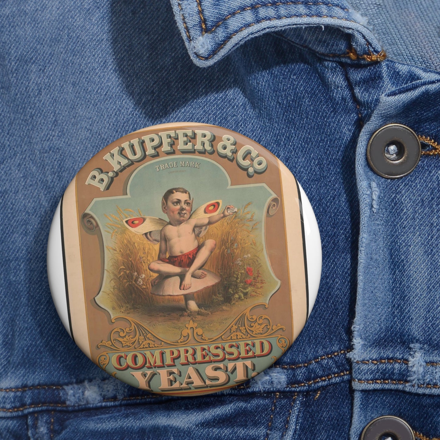 B. Kupfer & Co., compressed yeast puck Pin Buttons with Crisp Design