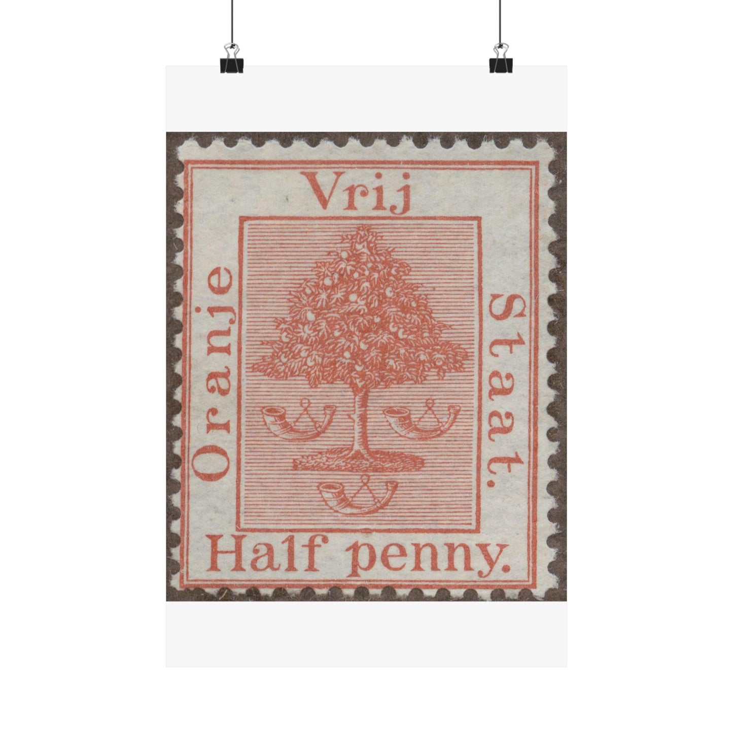 Frimärke ur Gösta Bodmans filatelistiska motivsamling, påbörjad 1950.Frimärke från Oranje -Fristaten. Motiv av apelsinträd med frukter och posthorn. High Quality Matte Wall Art Poster for Home, Office, Classroom