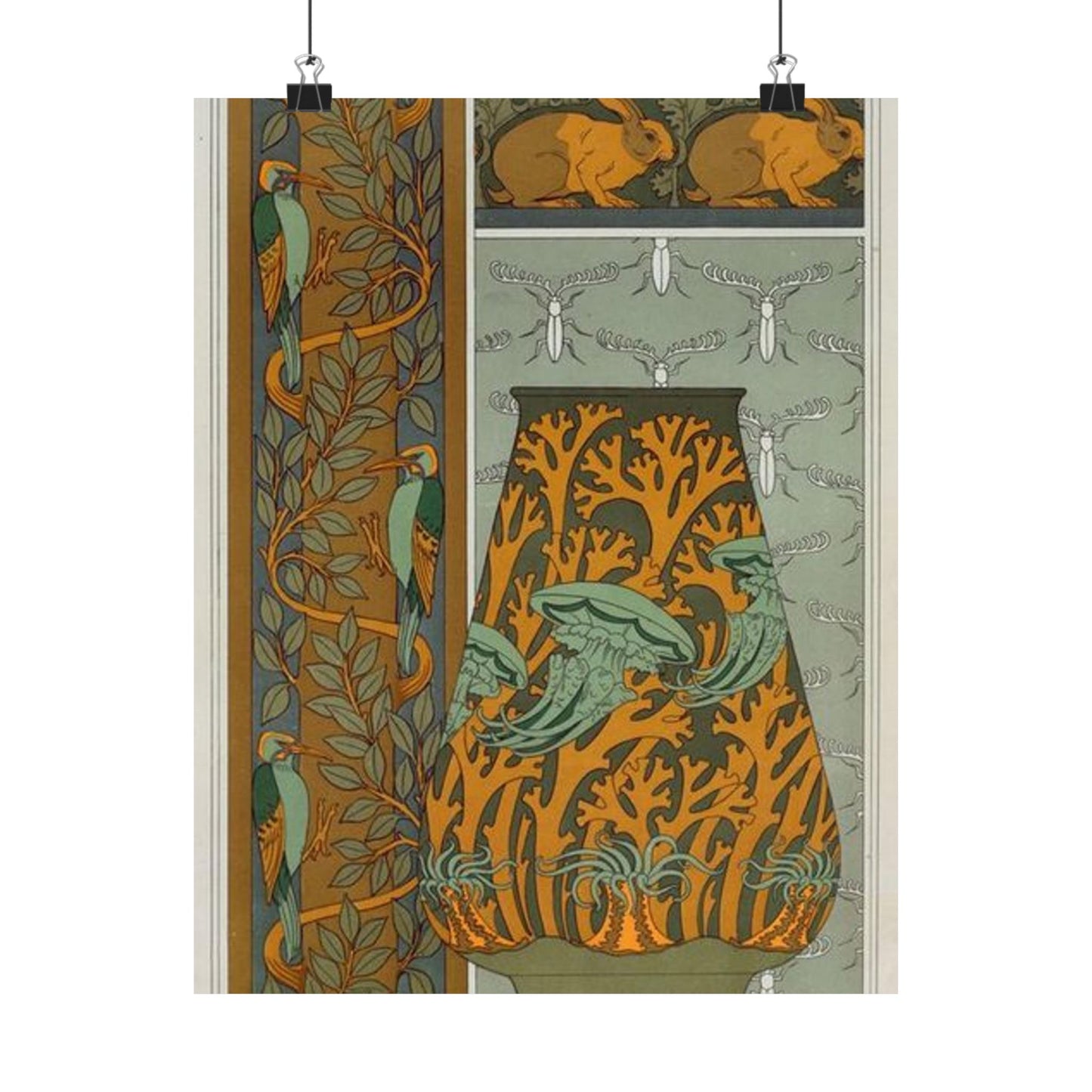 Piverts et arbre, bordure verticale. Lapins et feuilles, bordure. Méduses, anémones de mer et algues, vase. Insectes, jeu de fond. High Quality Matte Wall Art Poster for Home, Office, Classroom