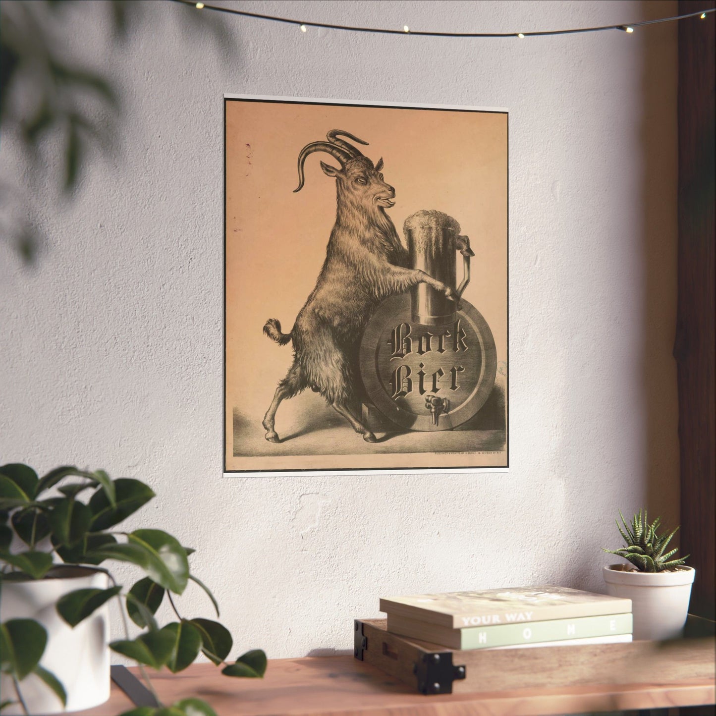 Bock Bier goat on hind legs, holding large mug of beer with front hooves High Quality Matte Wall Art Poster for Home, Office, Classroom