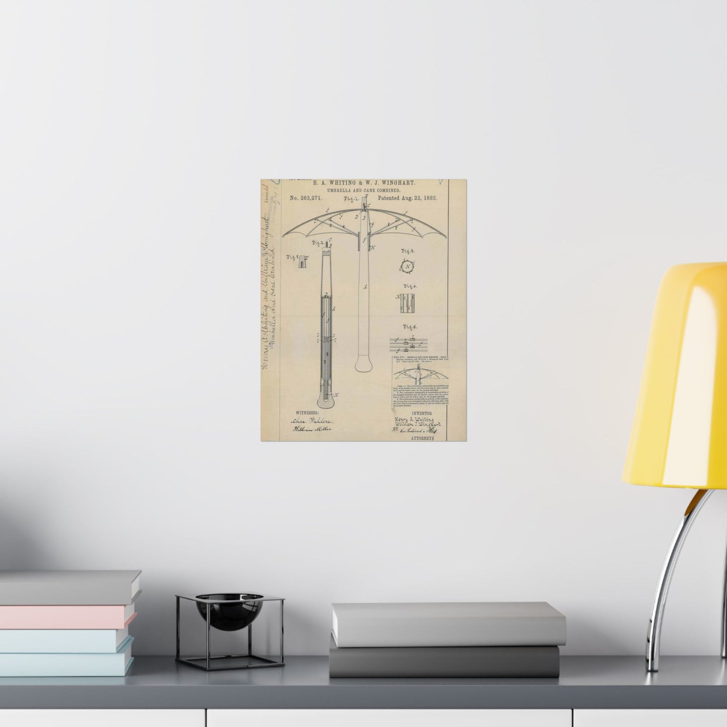 Patent drawing - for H. A. Whiting and W. J. Winghart's Umbrella and Cane Combined Public domain image High Quality Matte Wall Art Poster for Home, Office, Classroom