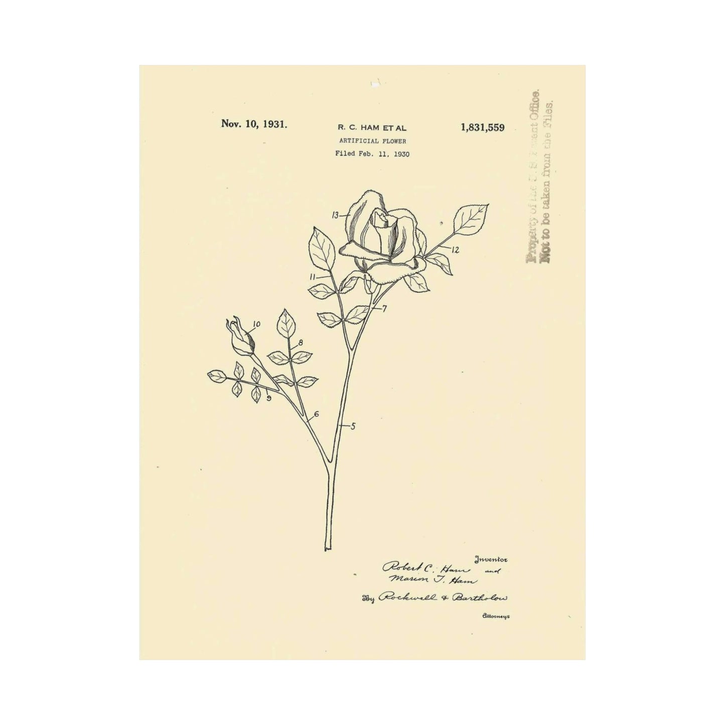 Patent Case File No. 1,831,559, Artificial Flower, Inventor(s)- Robert C. Ham and Marion T. Ham. - DPLA - 08745302078898b8870d70b04cb216a9 (page 5) High Quality Matte Wall Art Poster for Home, Office, Classroom