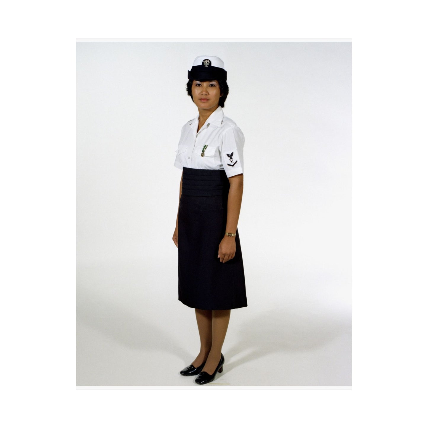 Uniform: Tropical dinner dress blue, Navy enlisted women, ranks E-1 through E-6 High Quality Matte Wall Art Poster for Home, Office, Classroom