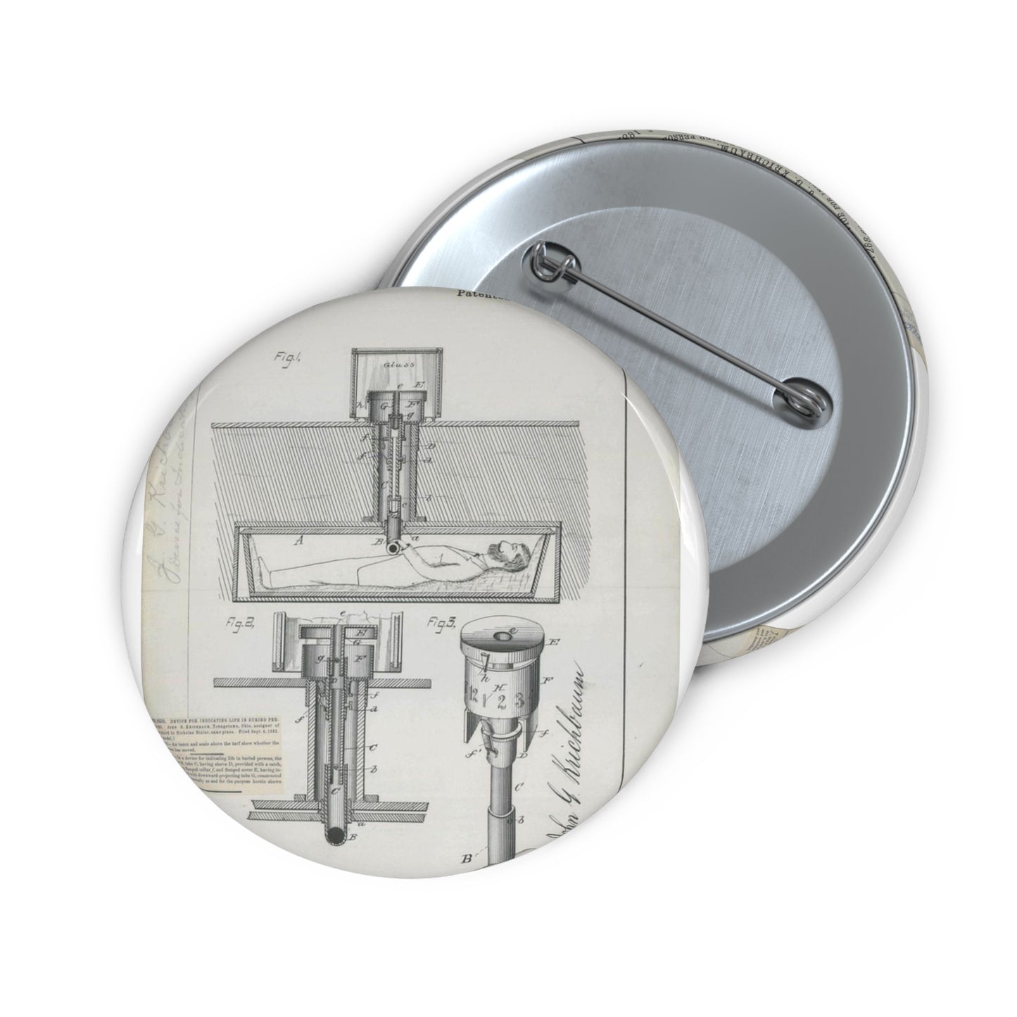Patent drawing - for J. G. Krichbaum's Device for Indicating Life in Buried Persons Public domain image Pin Buttons with Crisp Design