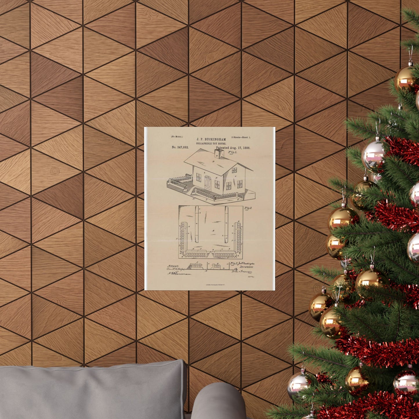 Patent Drawing of Engine - Drawing for a Collapsible Toy House Public domain image High Quality Matte Wall Art Poster for Home, Office, Classroom