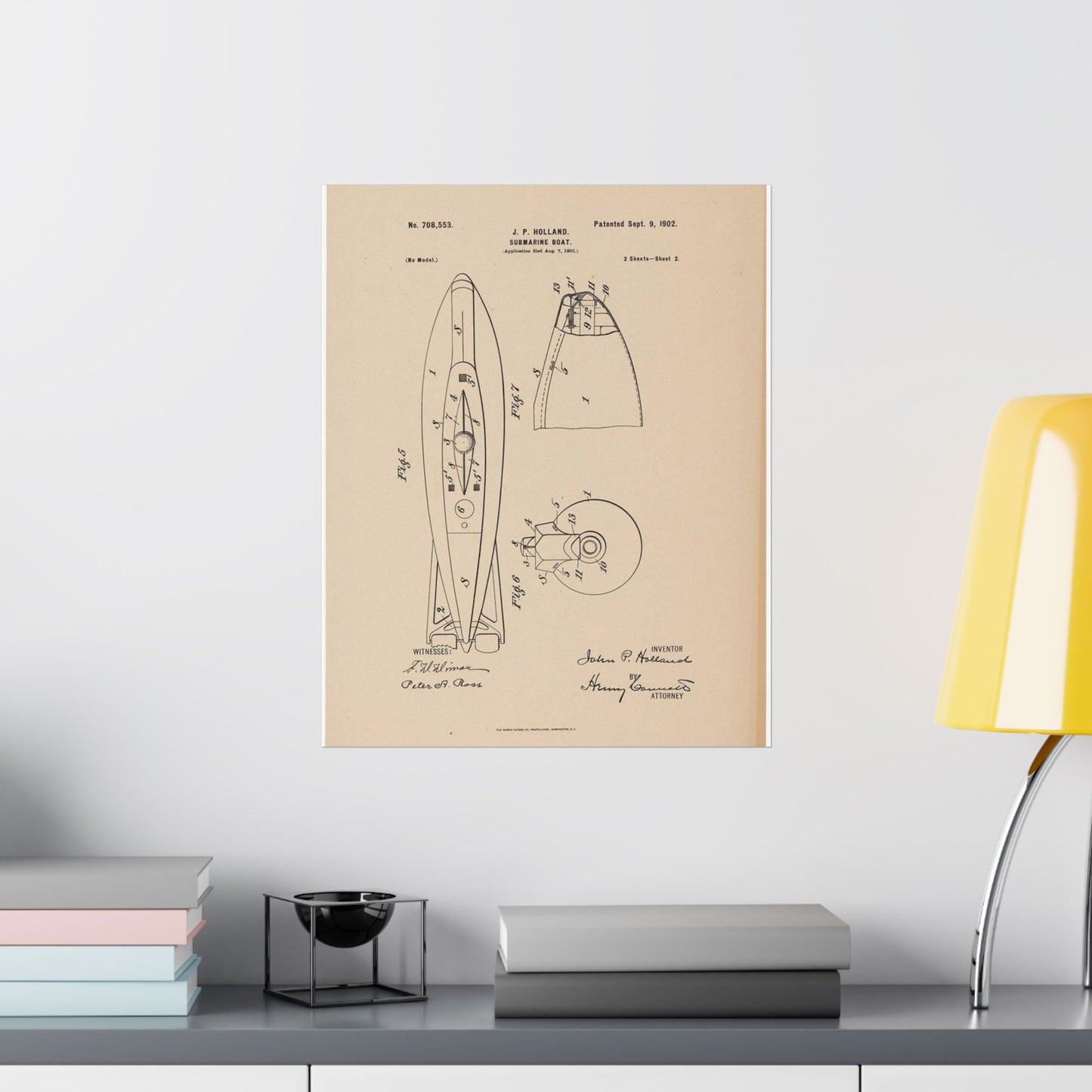 Patent drawing - Drawing for a Submarine Boat Public domain image High Quality Matte Wall Art Poster for Home, Office, Classroom
