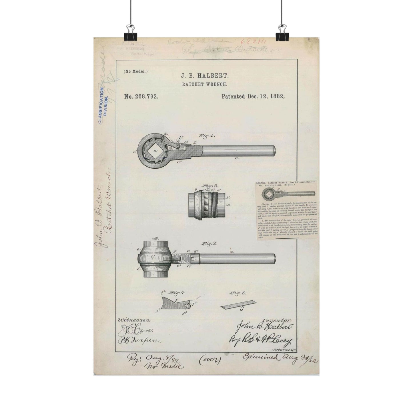 Patent Drawing of Engine - for J. B. Halbert's Ratchet Wrench Public domain image High Quality Matte Wall Art Poster for Home, Office, Classroom