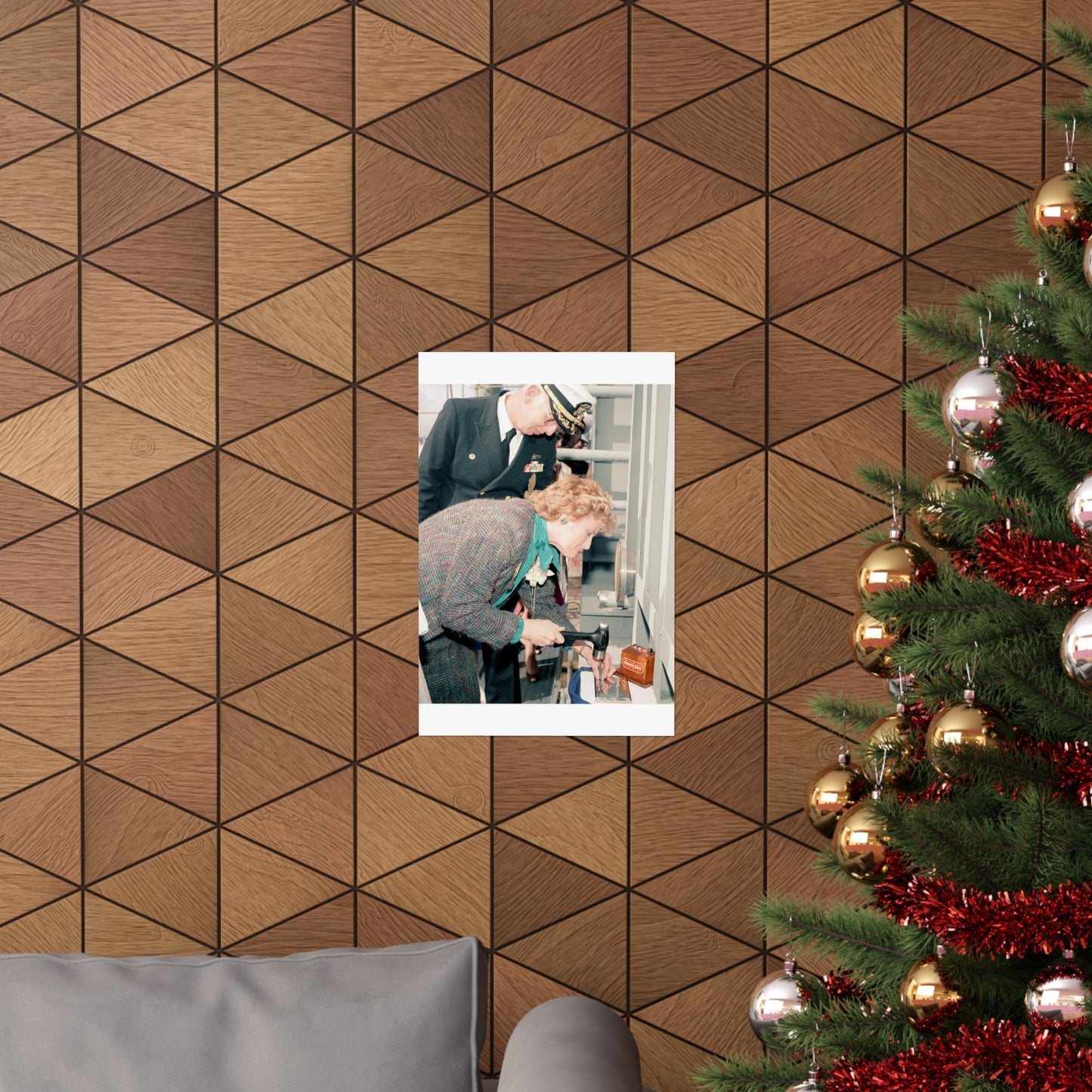 Mrs. E. Meese and Captain (CAPT) R.H. Randall, supervisor of Shipbuilding, Conversion, and Repair, participate in the keel laying of the guided missile frigate Rodney M. Davis (FFG 60) High Quality Matte Wall Art Poster for Home, Office, Classroom