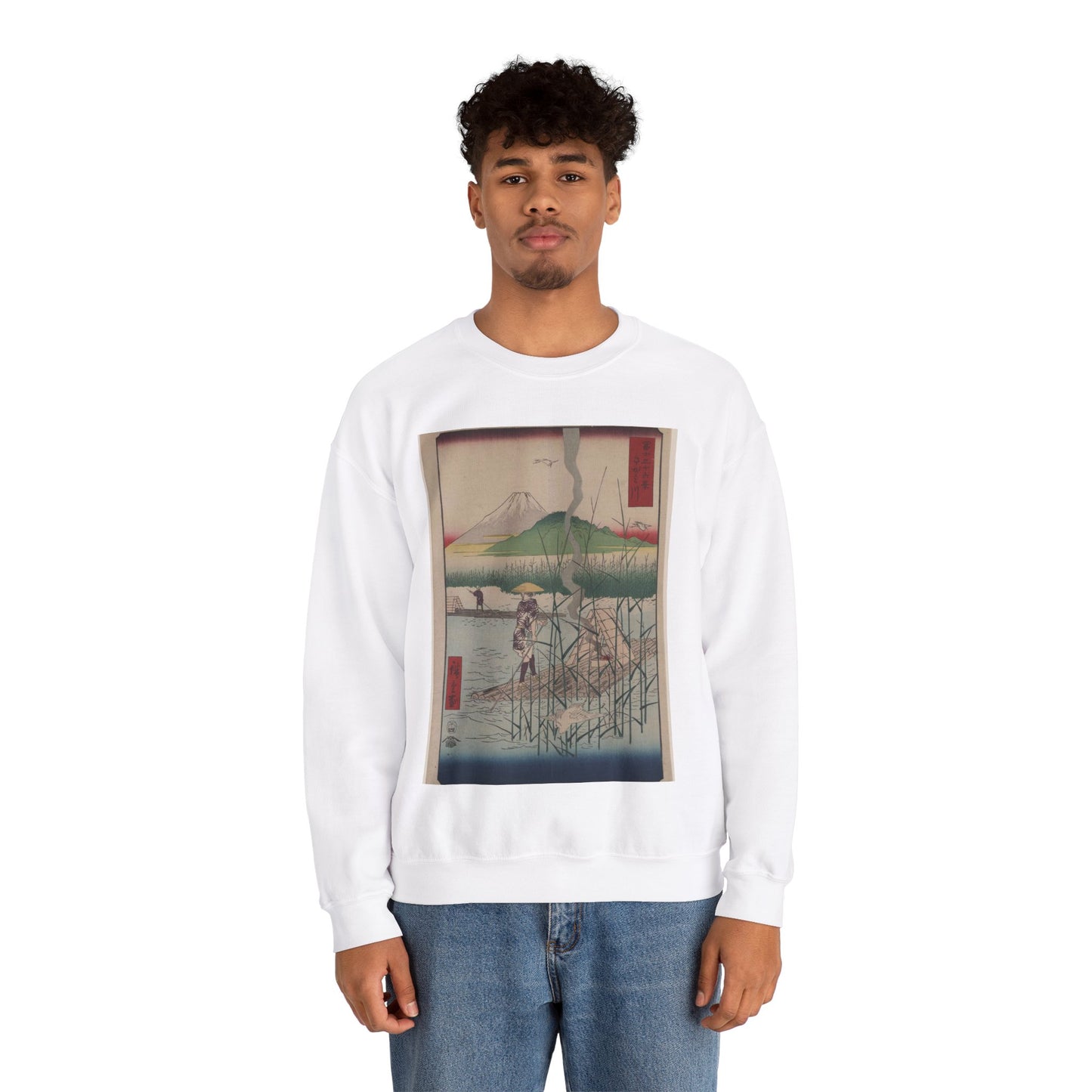 18 - The Sagami River - A painting of a man standing on a boat in a body of water White Heavy Blend Adult Crew Neck SweatShirt
