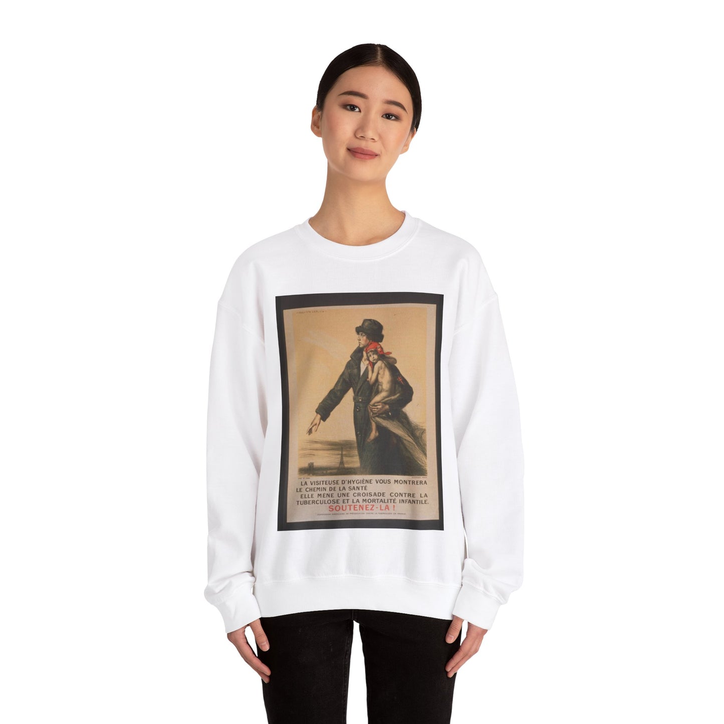 La visiteuse d'hygiéne vous montrera le chemin de la santé. Elle mène une croisade contre la tuberculose et la mortalité infantile. Soutenez-la! White Heavy Blend Adult Crew Neck SweatShirt
