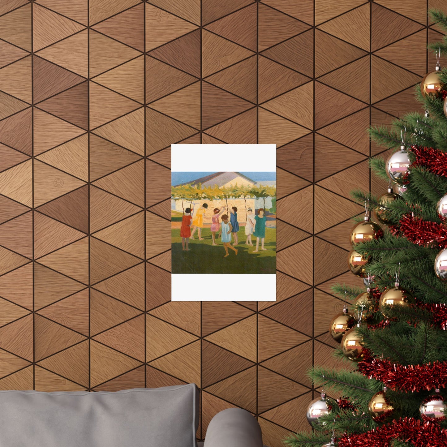 Petrona Viera - A painting of a group of children playing with a kite High Quality Matte Wall Art Poster for Home, Office, Classroom