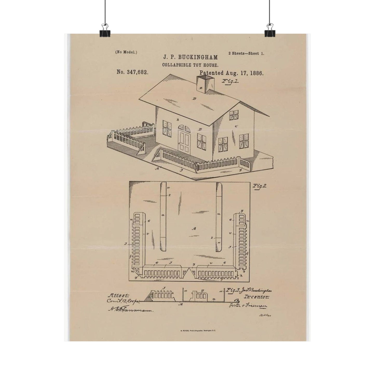 Patent Drawing of Engine - Drawing for a Collapsible Toy House Public domain image High Quality Matte Wall Art Poster for Home, Office, Classroom