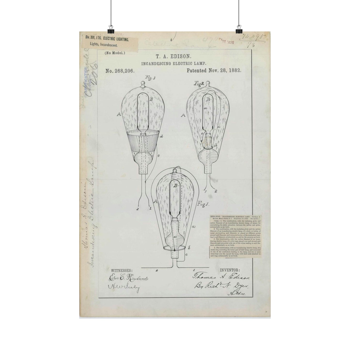 Patent drawing - for T. A. Edison's Incandescing Electric Lamp Public domain image High Quality Matte Wall Art Poster for Home, Office, Classroom