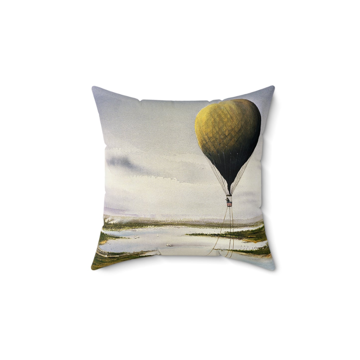 Artwork: "T.S.C. Lowe's Ballon Tethered at 1,000 Feet Above the York River in 1862". Artist: John McCoy Decorative Accent Square Pillow