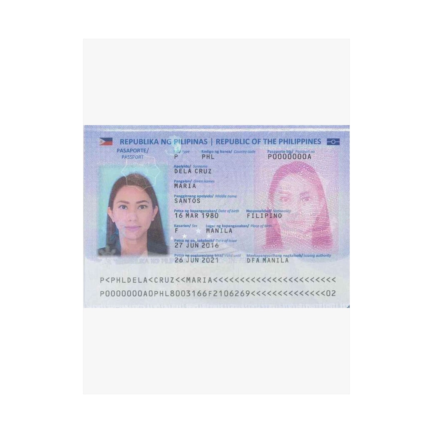 Philippine passport (2016 edition) data page (cropped) High Quality Matte Wall Art Poster for Home, Office, Classroom