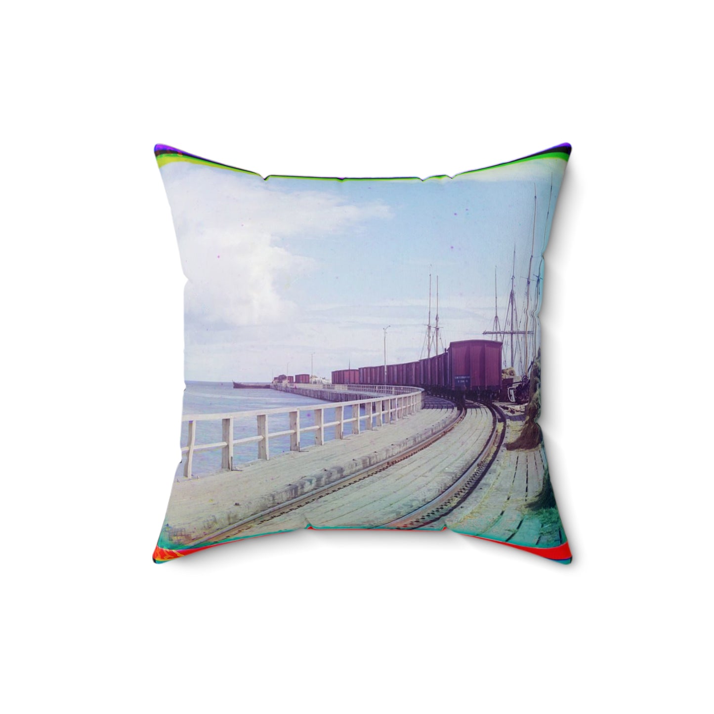 Sorochya Bay. Railroad dam in the Soroka inlet. Arkhangelsk Province, Russia. Decorative Accent Square Pillow