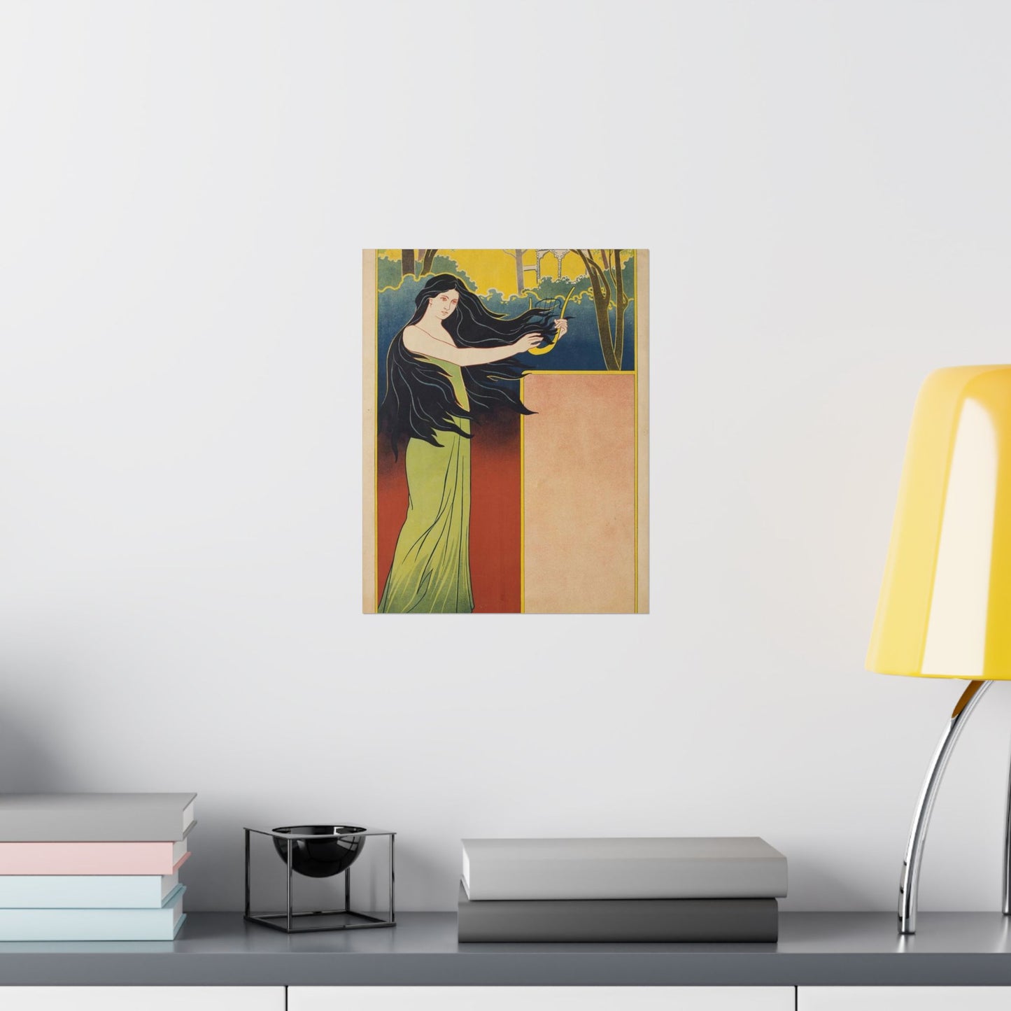 A painting of a woman with long black hair. Vintage art deco, beauty fashion. High Quality Matte Wall Art Poster for Home, Office, Classroom
