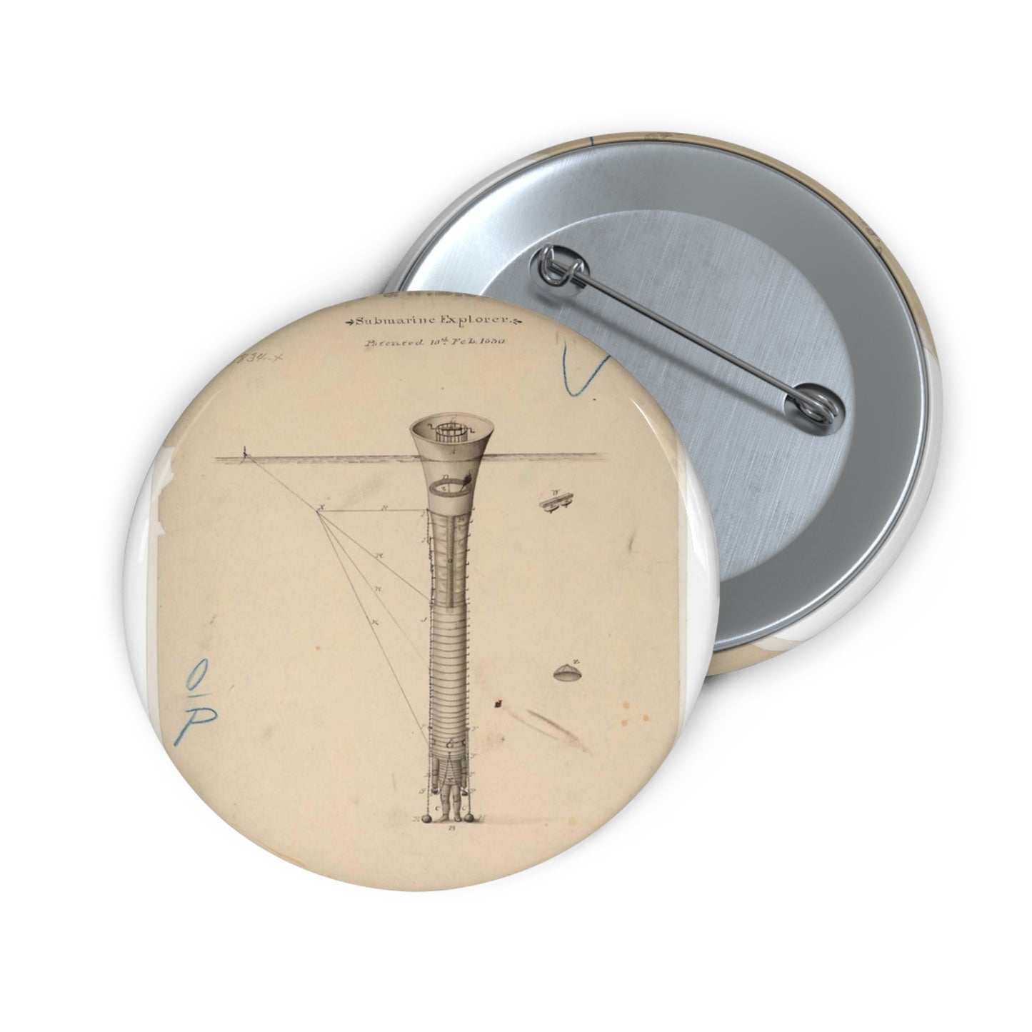 Patent drawing - Drawing of Submarine Explorer - Public domain portrait drawing Public domain image Pin Buttons with Crisp Design