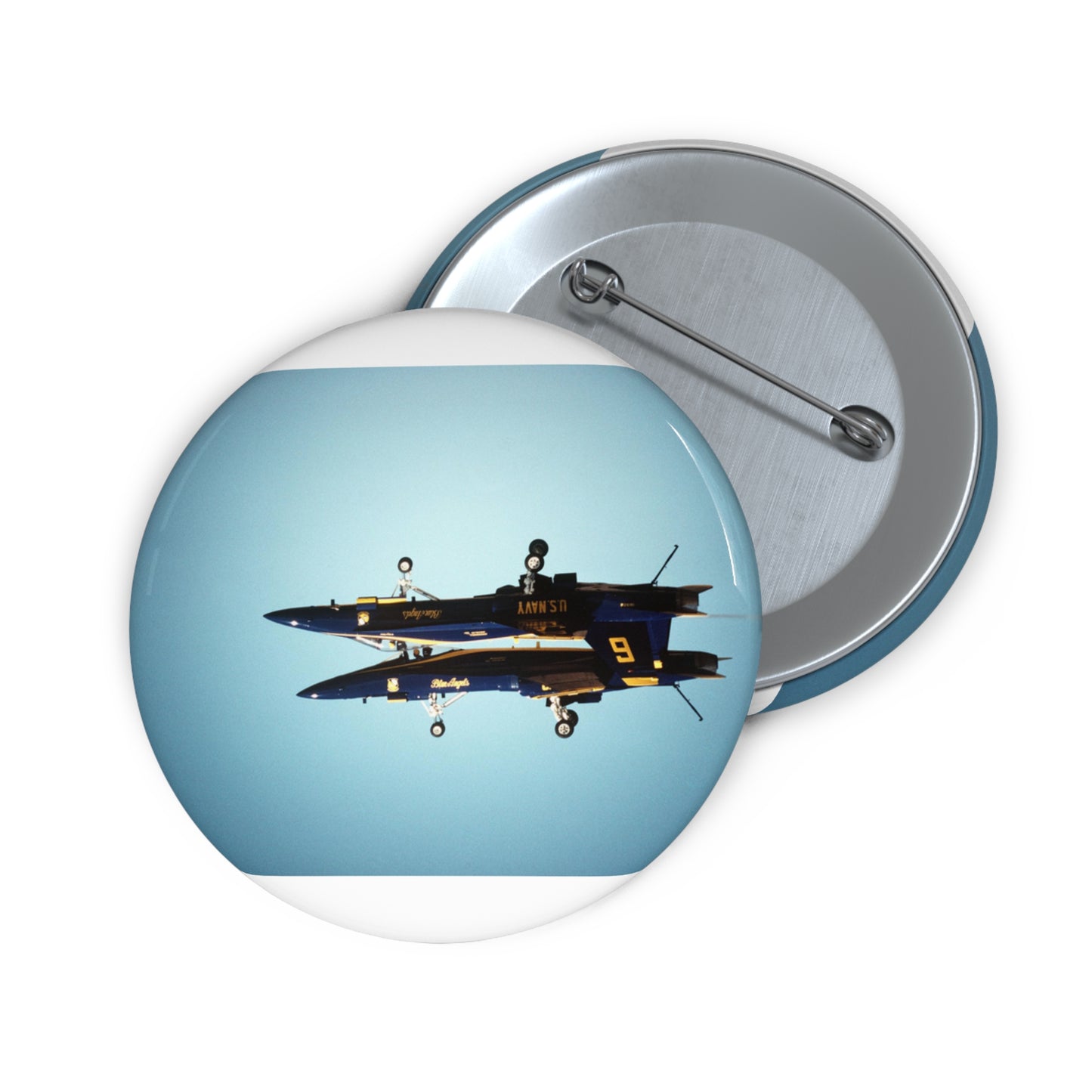 Two F/A-18A Hornet aircraft of the Blue Angels Flight Demonstration Squadron execute the Fortus maneuver during an air show Pin Buttons with Crisp Design
