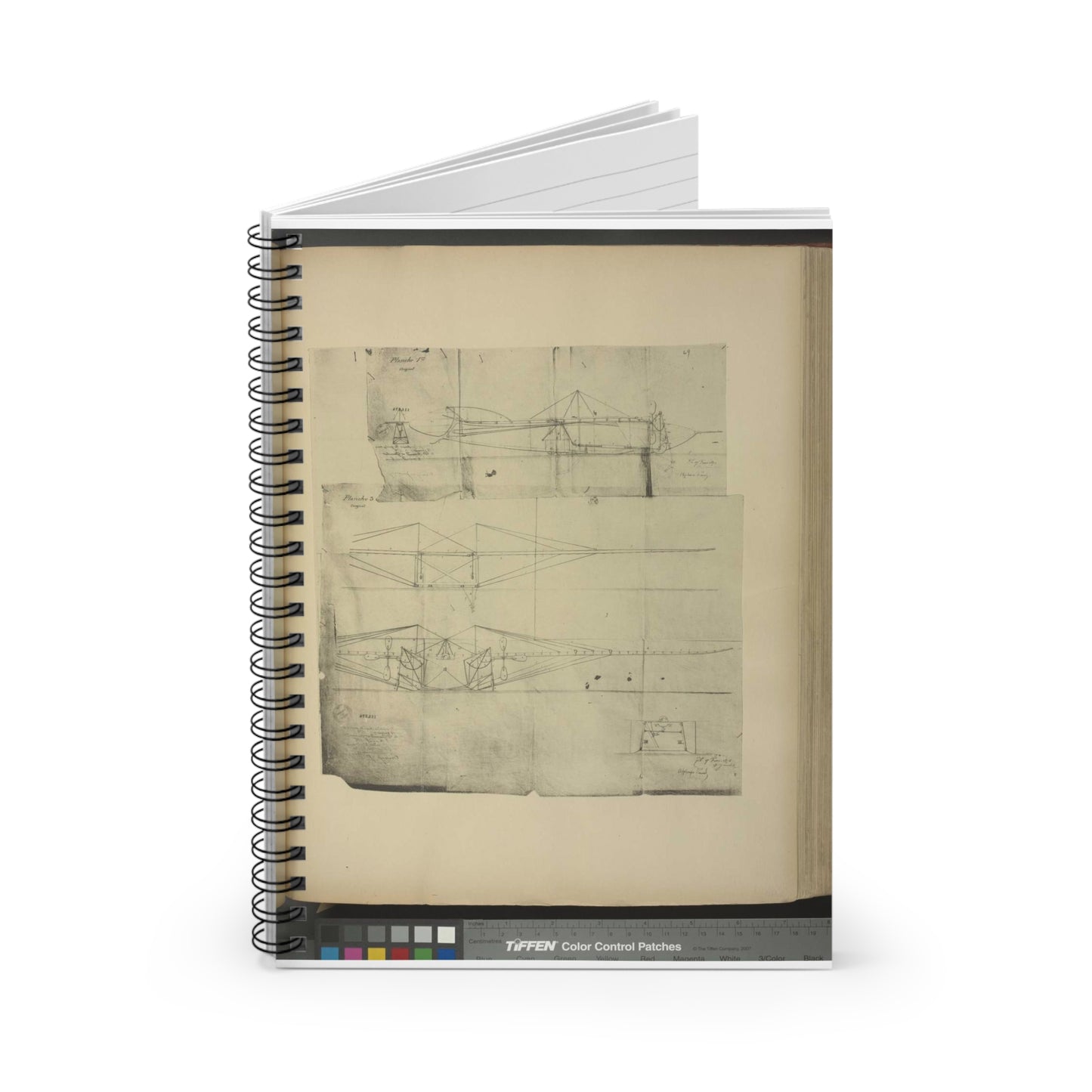 Patent drawing - Planche I et II du brevet n° 111.574 pris en France le 16 février 1876, par Penaud et Gauchot, pour «Un aéro-plane ou appareil aérien volant». Public domain image Spiral Bound Ruled Notebook with Printed Cover