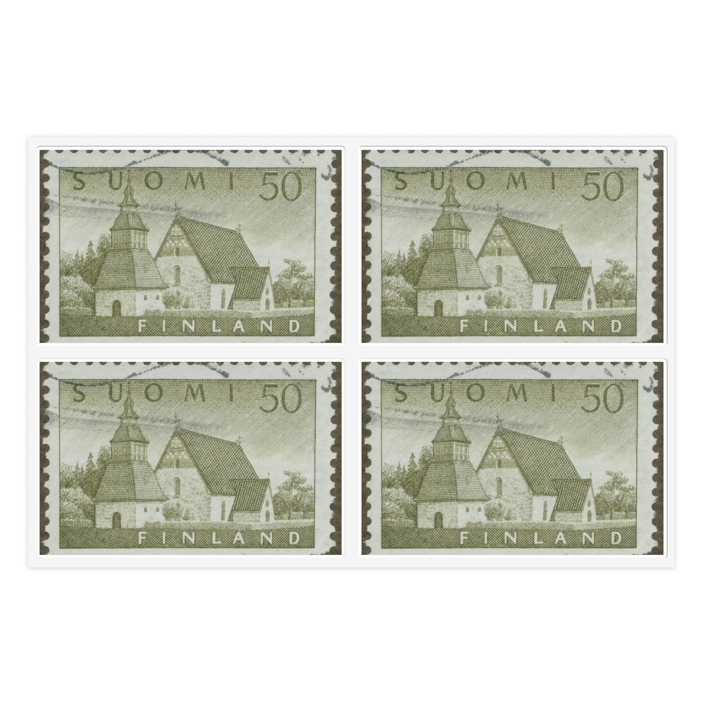 Frimärke ur Gösta Bodmans filatelistiska motivsamling, påbörjad 1950.Frimärke från Finland, 1957. Motiv av Lammi Kyrka med stigport och klockstapel. Laminated UV Protective Vinyl Stickers