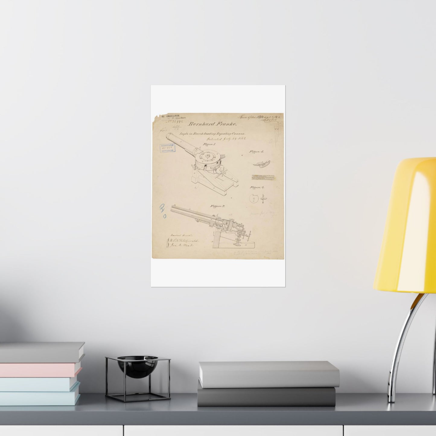 Patent drawing - Drawing of Improvements in Breech-Loading Repeating Cannon Public domain image High Quality Matte Wall Art Poster for Home, Office, Classroom