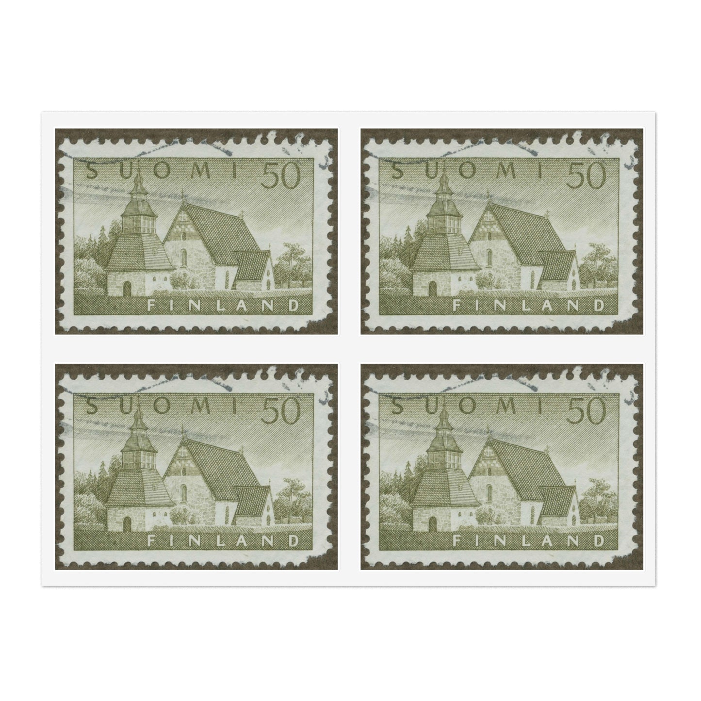 Frimärke ur Gösta Bodmans filatelistiska motivsamling, påbörjad 1950.Frimärke från Finland, 1957. Motiv av Lammi Kyrka med stigport och klockstapel. Laminated UV Protective Vinyl Stickers