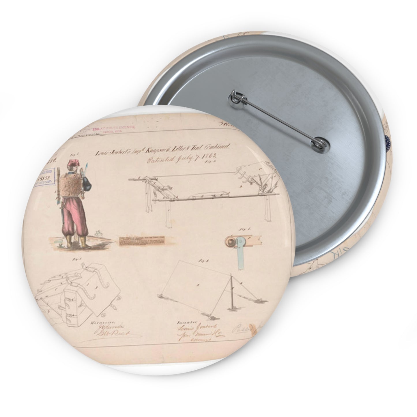 Patent drawing - Drawing of Improved Knapsack, Litter and Tent Combined Public domain image Pin Buttons with Crisp Design