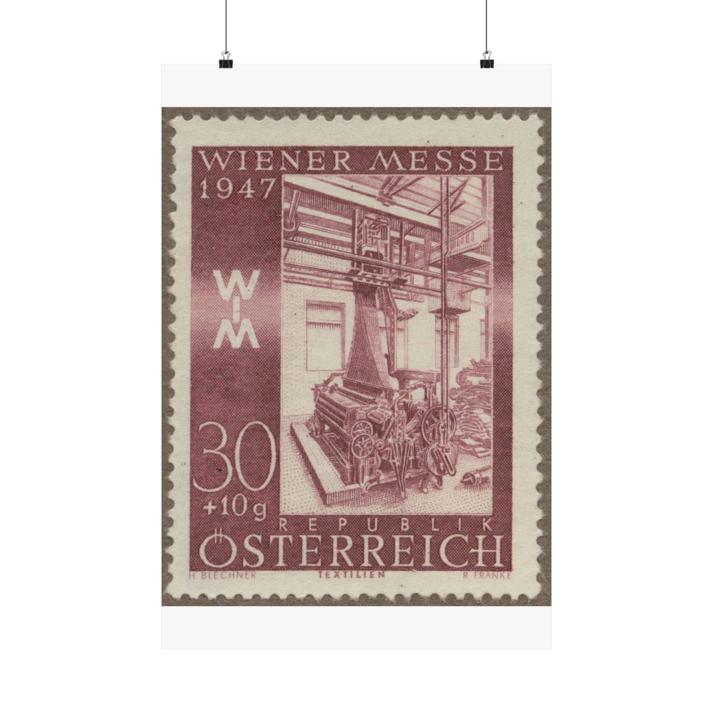 Frimärke ur Gösta Bodmans filatelistiska motivsamling, påbörjad 1950.Frimärke från Österrike, 1947. Motiv av jacquardvävstol i Österrike 1947. "Wienermässan 1947" High Quality Matte Wall Art Poster for Home, Office, Classroom