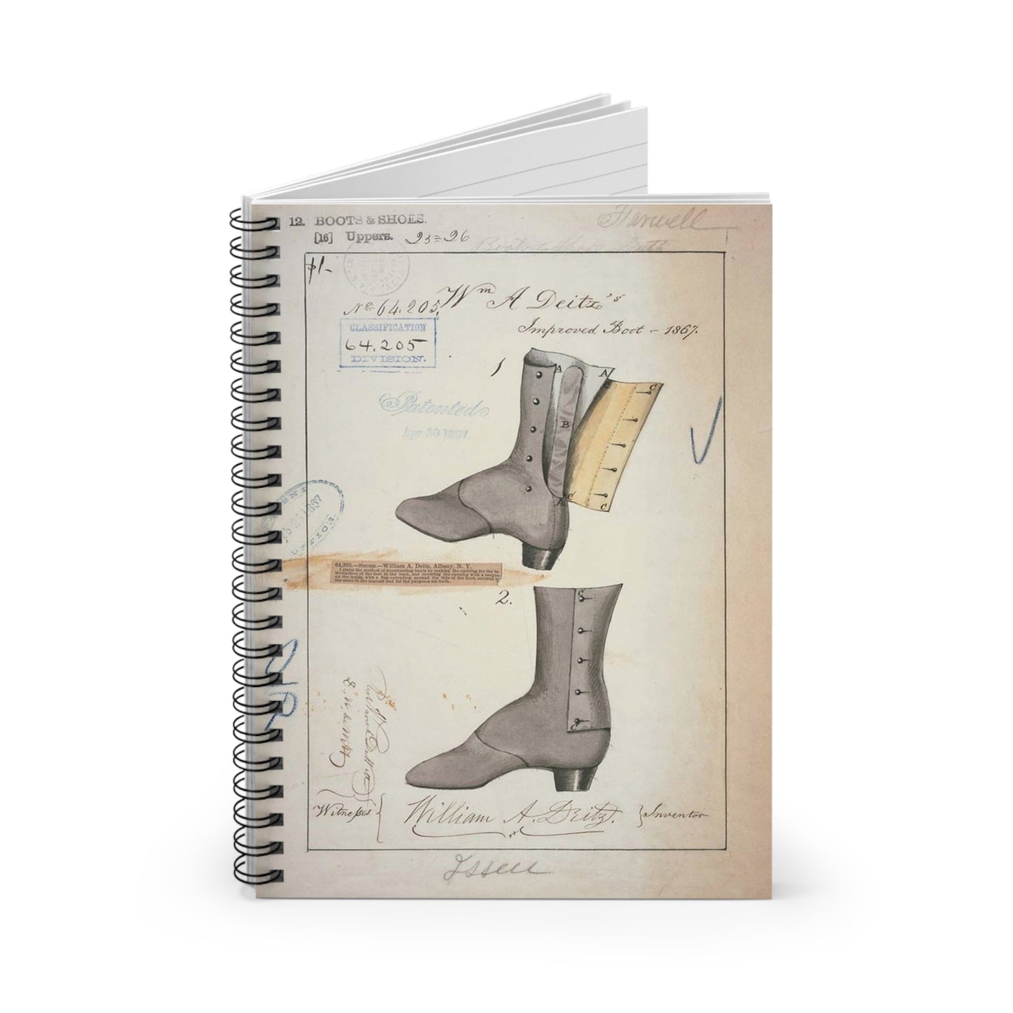 Patent drawing - Drawing of Improved Boot Public domain image Spiral Bound Ruled Notebook with Printed Cover