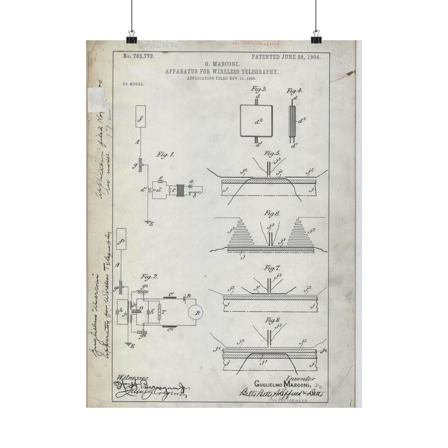 Patent drawing - for G. Marconi's Apparatus for Wireless Telegraphy Public domain image High Quality Matte Wall Art Poster for Home, Office, Classroom