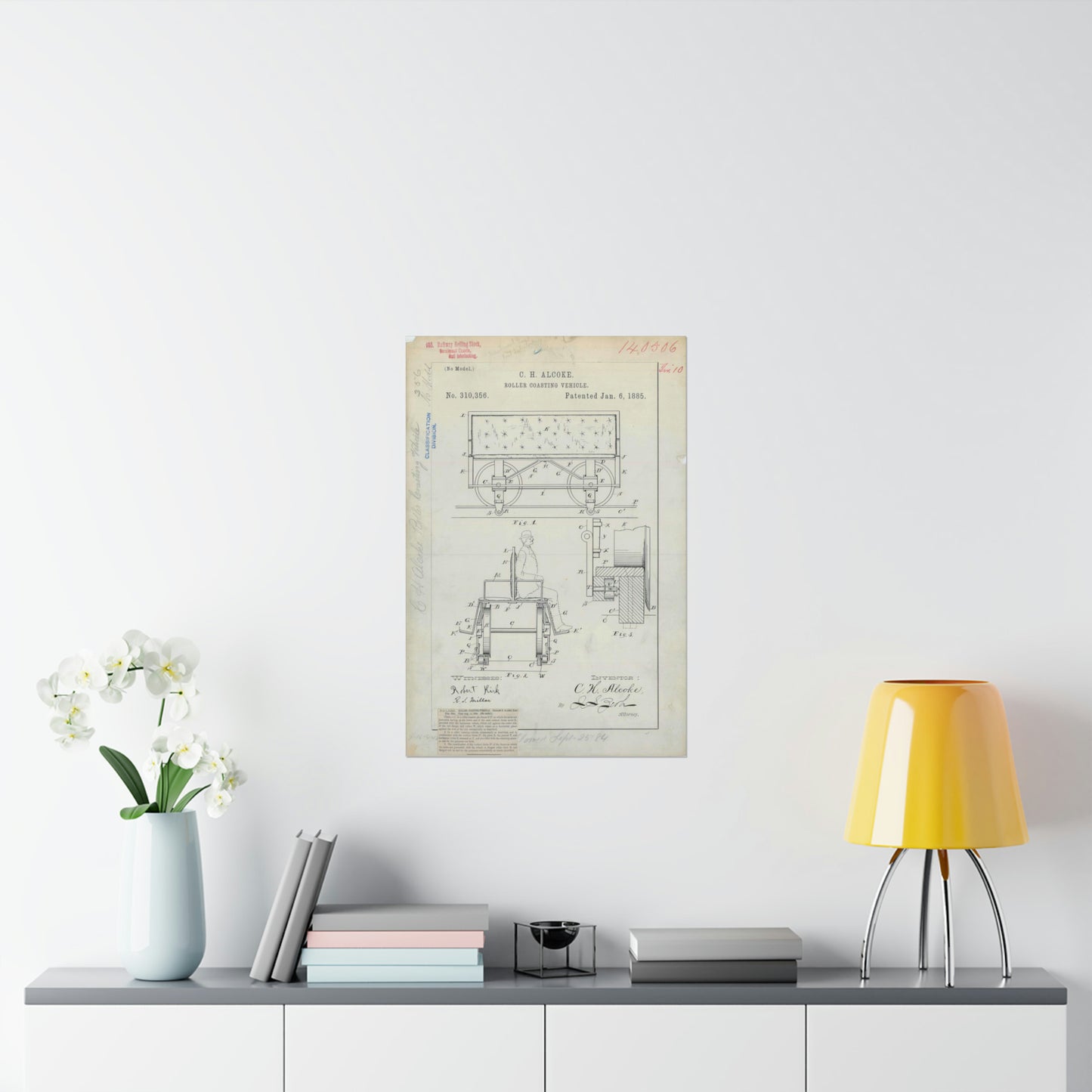 Patent Drawing of Engine - for C. H. Alcoke's Roller Coasting Vehicle Public domain image High Quality Matte Wall Art Poster for Home, Office, Classroom