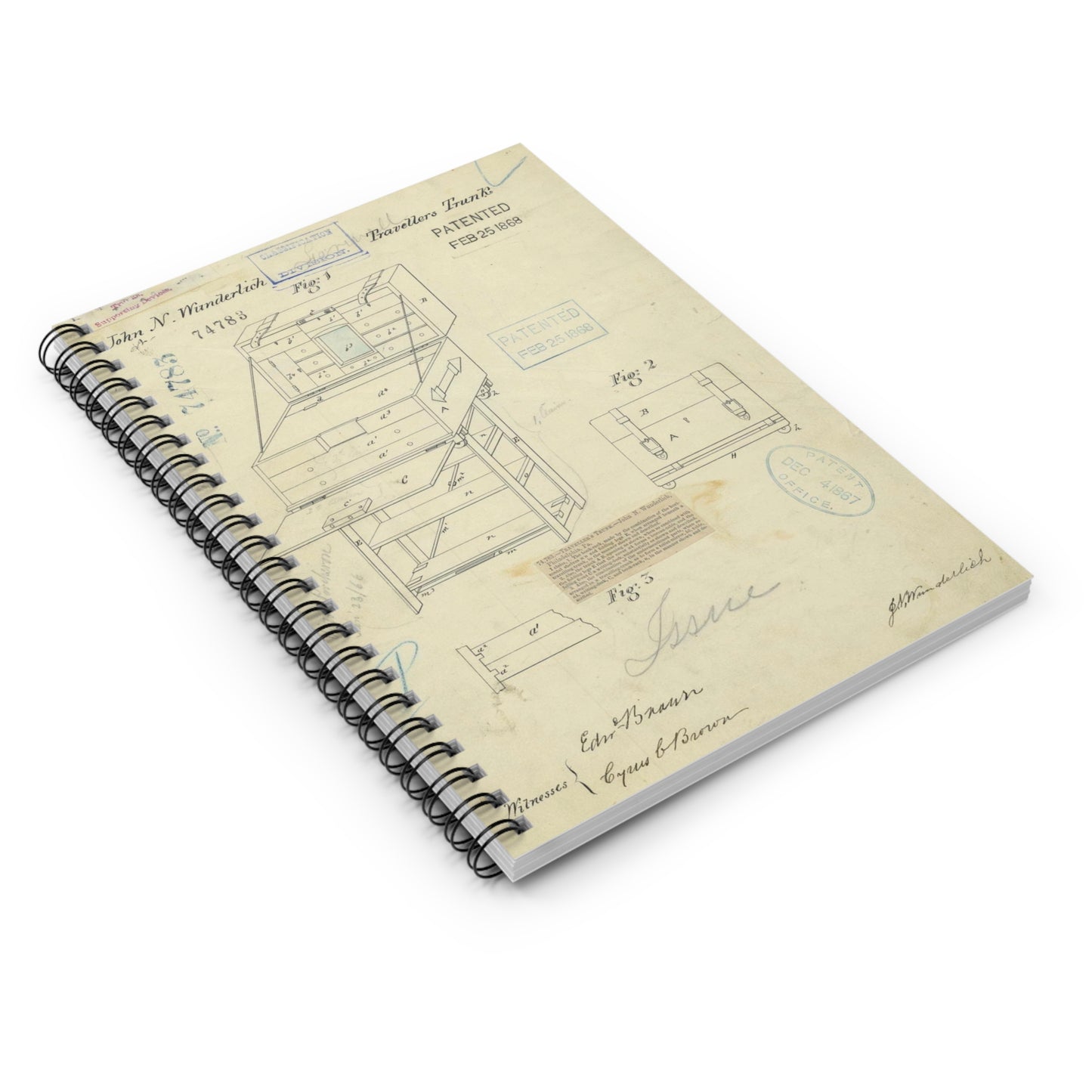 Patent Drawing of Engine - Drawing of a Travelers Trunk Public domain image Spiral Bound Ruled Notebook with Printed Cover