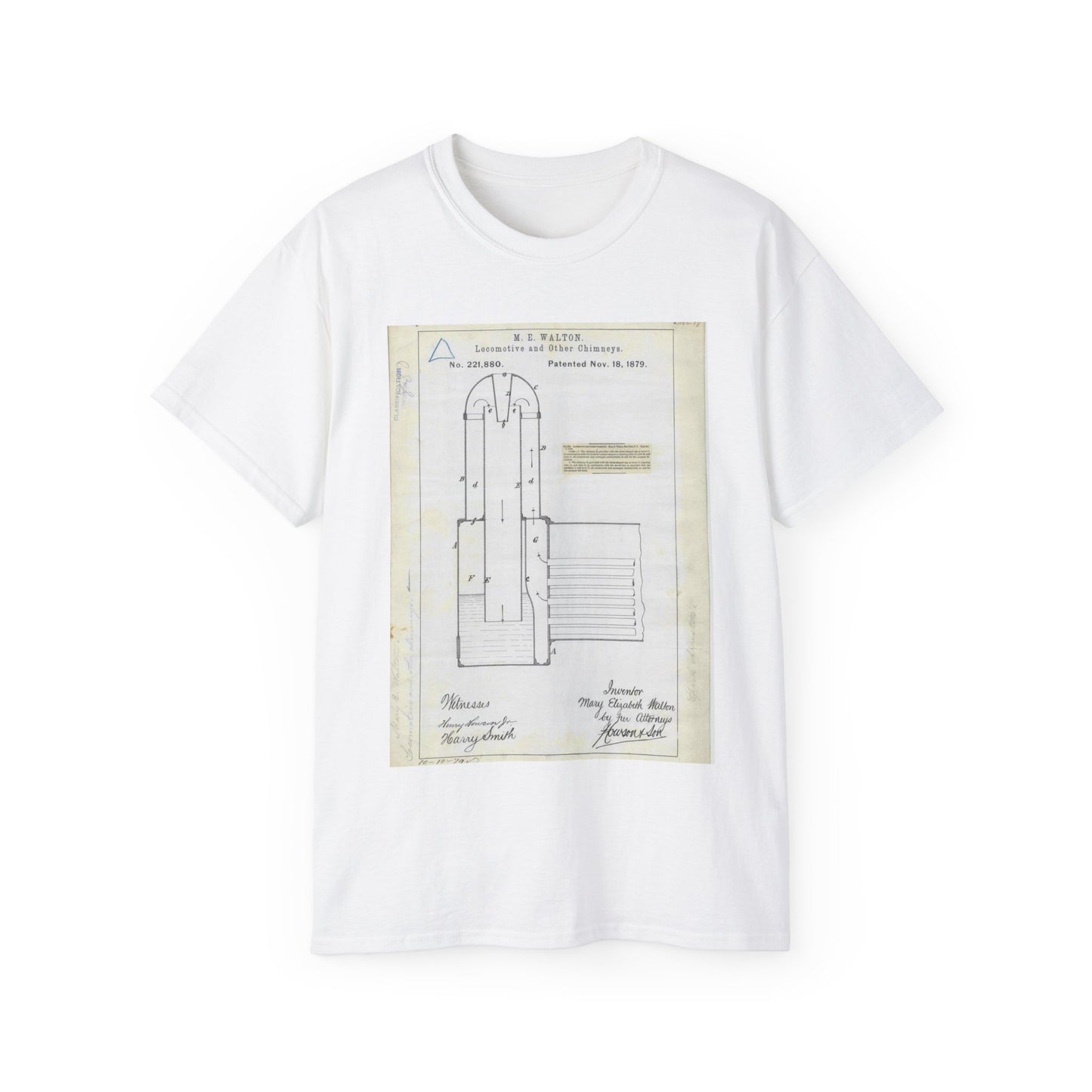 Patent Drawing of Engine - for M. E. Walton's Locomotive and Other Chimneys Public domain image White T-Shirt Gildan 2000 Cotton Unisex