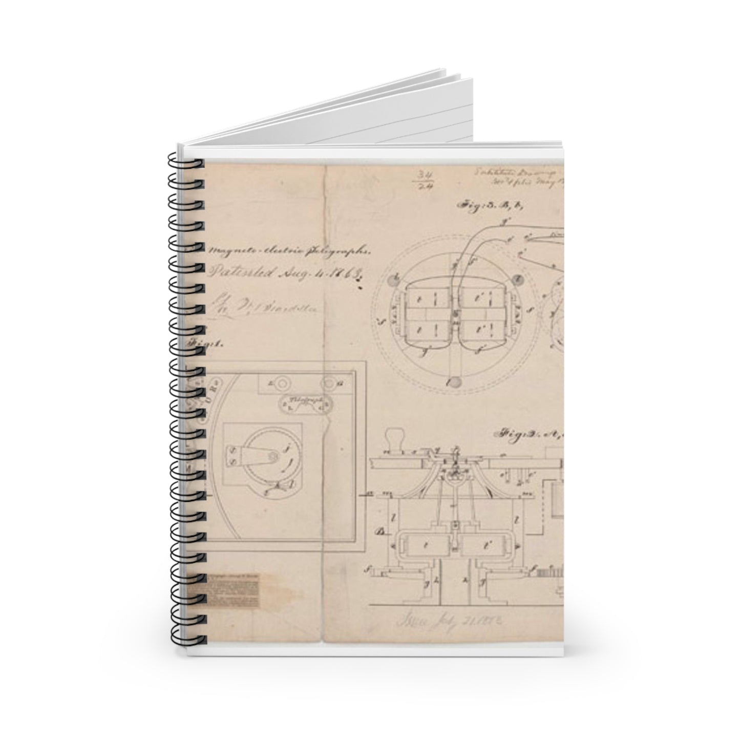 Patent drawing - Drawing of Improvements in Magneto-electric Telegraphs Public domain image Spiral Bound Ruled Notebook with Printed Cover