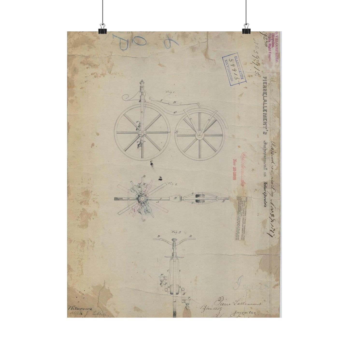Patent drawing - for Pierre Lallement's Improvement in Velocipedes Public domain image High Quality Matte Wall Art Poster for Home, Office, Classroom
