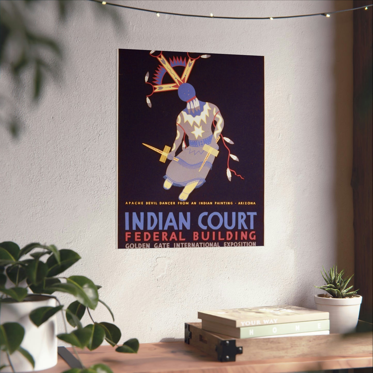 Indian court, Federal Building, Golden Gate International Exposition, San Francisco, 1939 Apache devil dancer from an Indian painting, Arizona / / Siegriest. High Quality Matte Wall Art Poster for Home, Office, Classroom