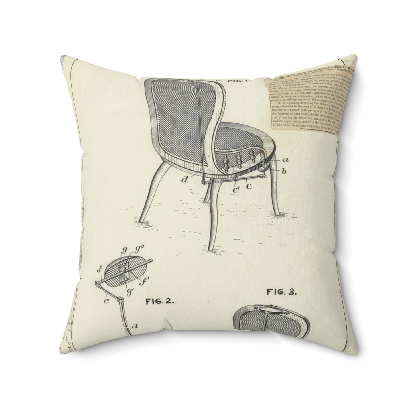 Patent drawing - for M. E. Benjamin's Gong and Signal Chair for Hotels Public domain image Decorative Accent Square Pillow