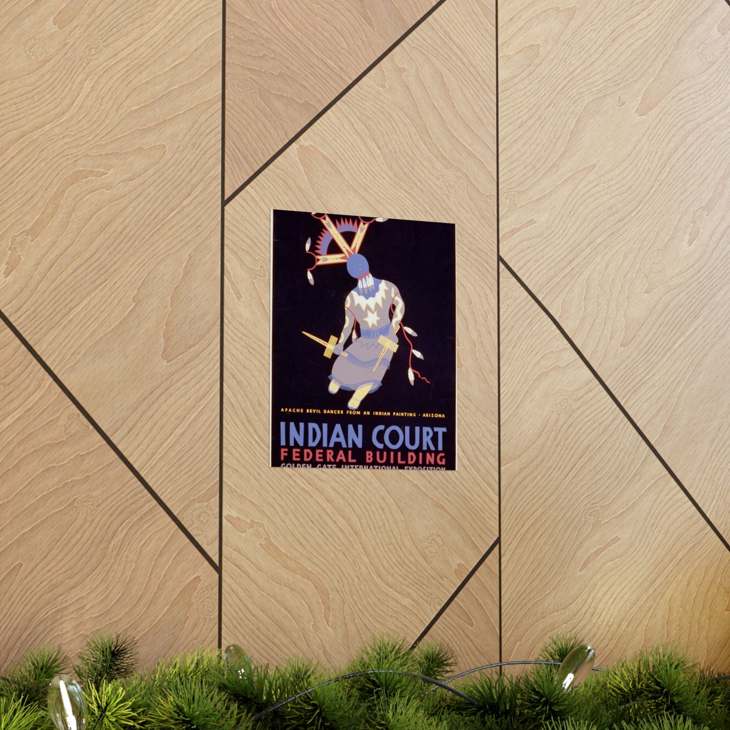 Indian court, Federal Building, Golden Gate International Exposition, San Francisco, 1939 Apache devil dancer from an Indian painting, Arizona / / Siegriest. High Quality Matte Wall Art Poster for Home, Office, Classroom
