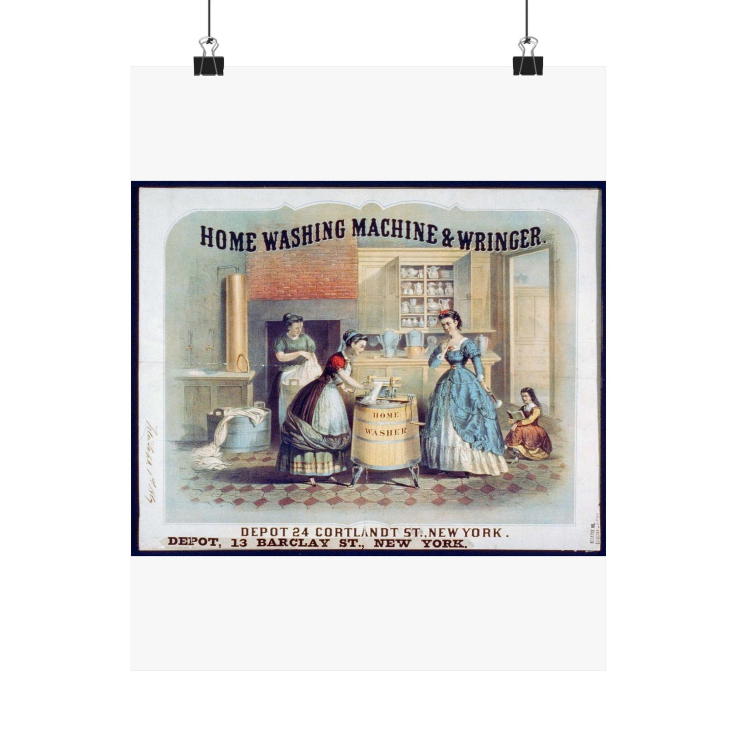 Home washing machine & wringer - A painting of women washing machines in a kitchen High Quality Matte Wall Art Poster for Home, Office, Classroom