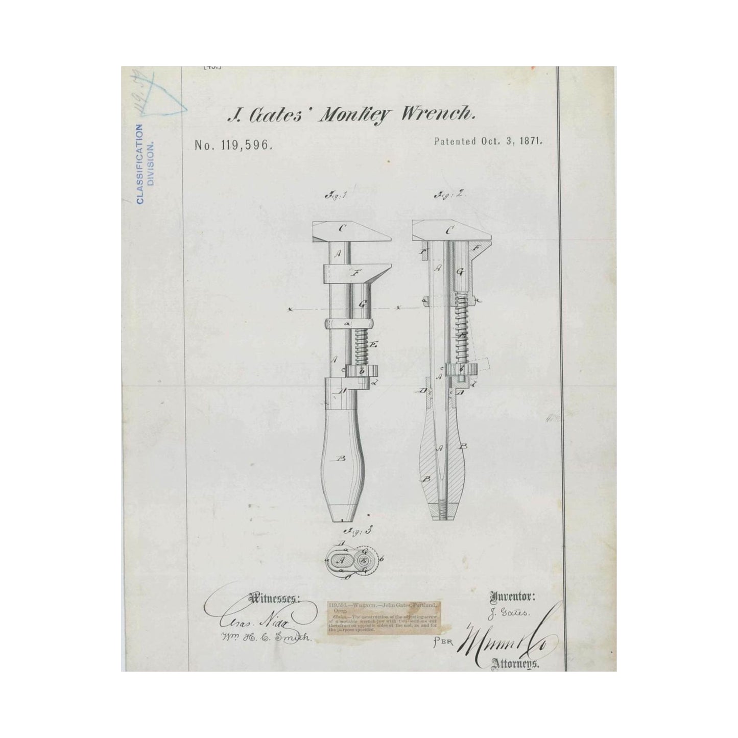 Patent Drawing of Engine - for J. Gates' Monkey Wrench Public domain image High Quality Matte Wall Art Poster for Home, Office, Classroom