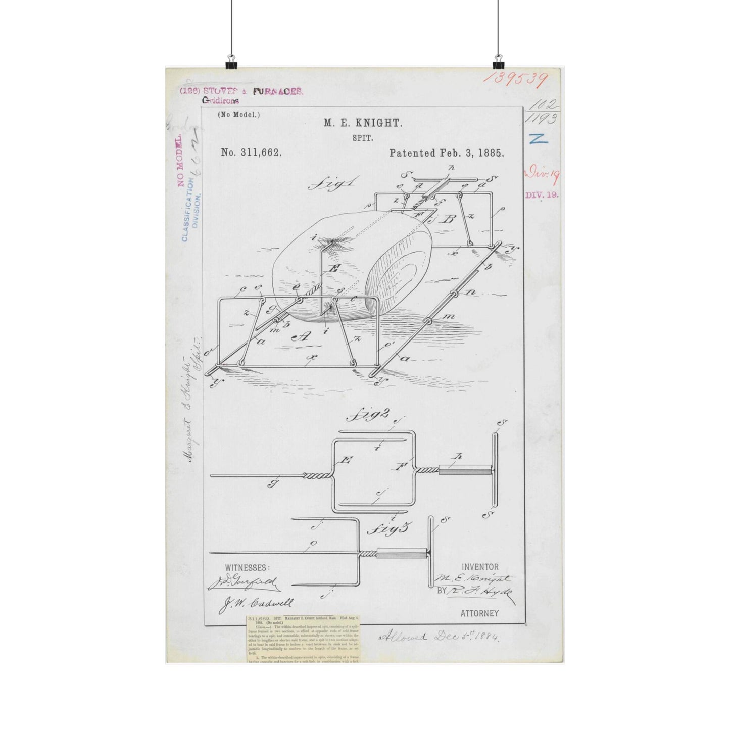 Patent drawing - for M. E. Knight's Spit Public domain image High Quality Matte Wall Art Poster for Home, Office, Classroom