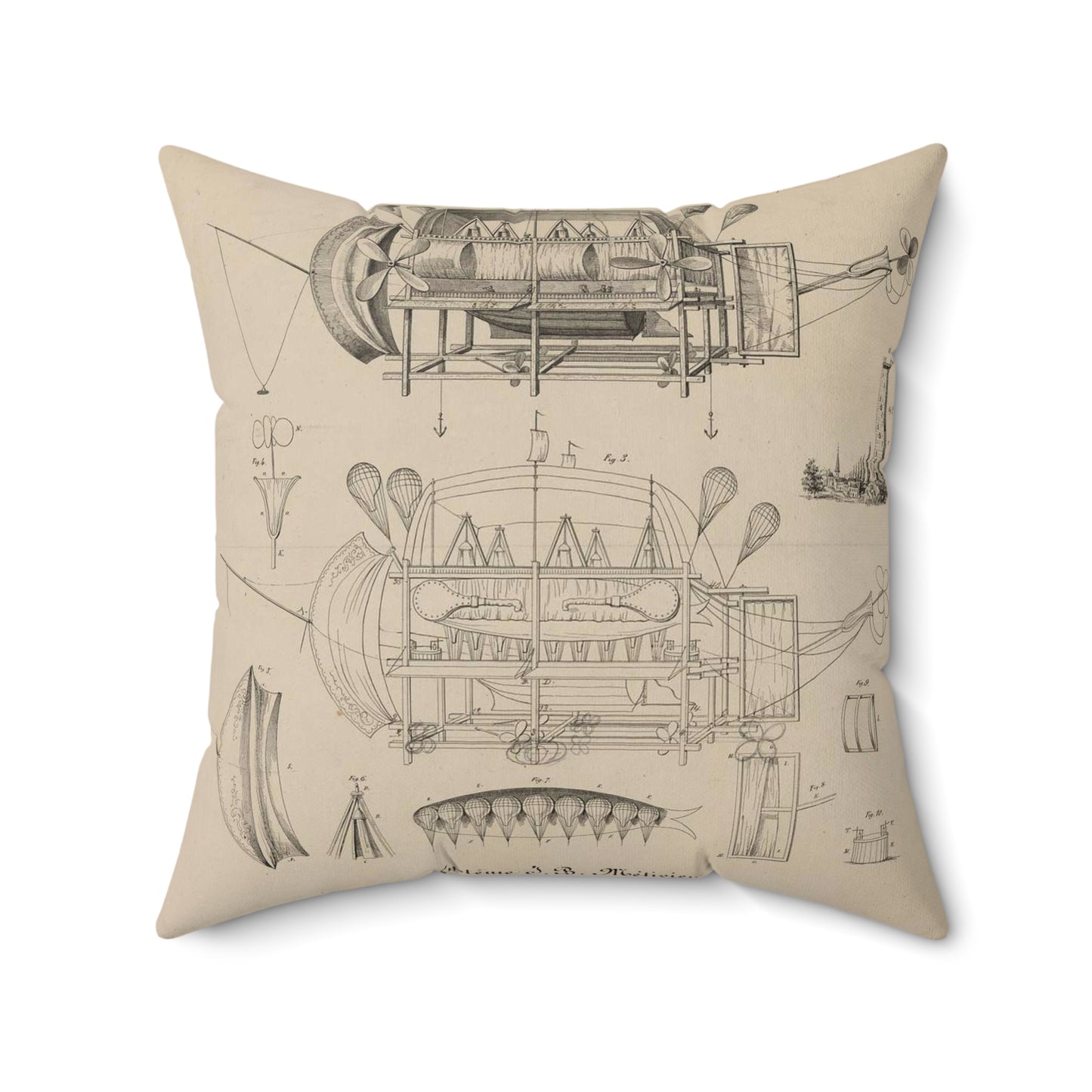 Patent drawing - Navire aérien dirigeable. Systême J.B. Métivier, force ascensionnelle 90,000 kos. Public domain image Decorative Accent Square Pillow