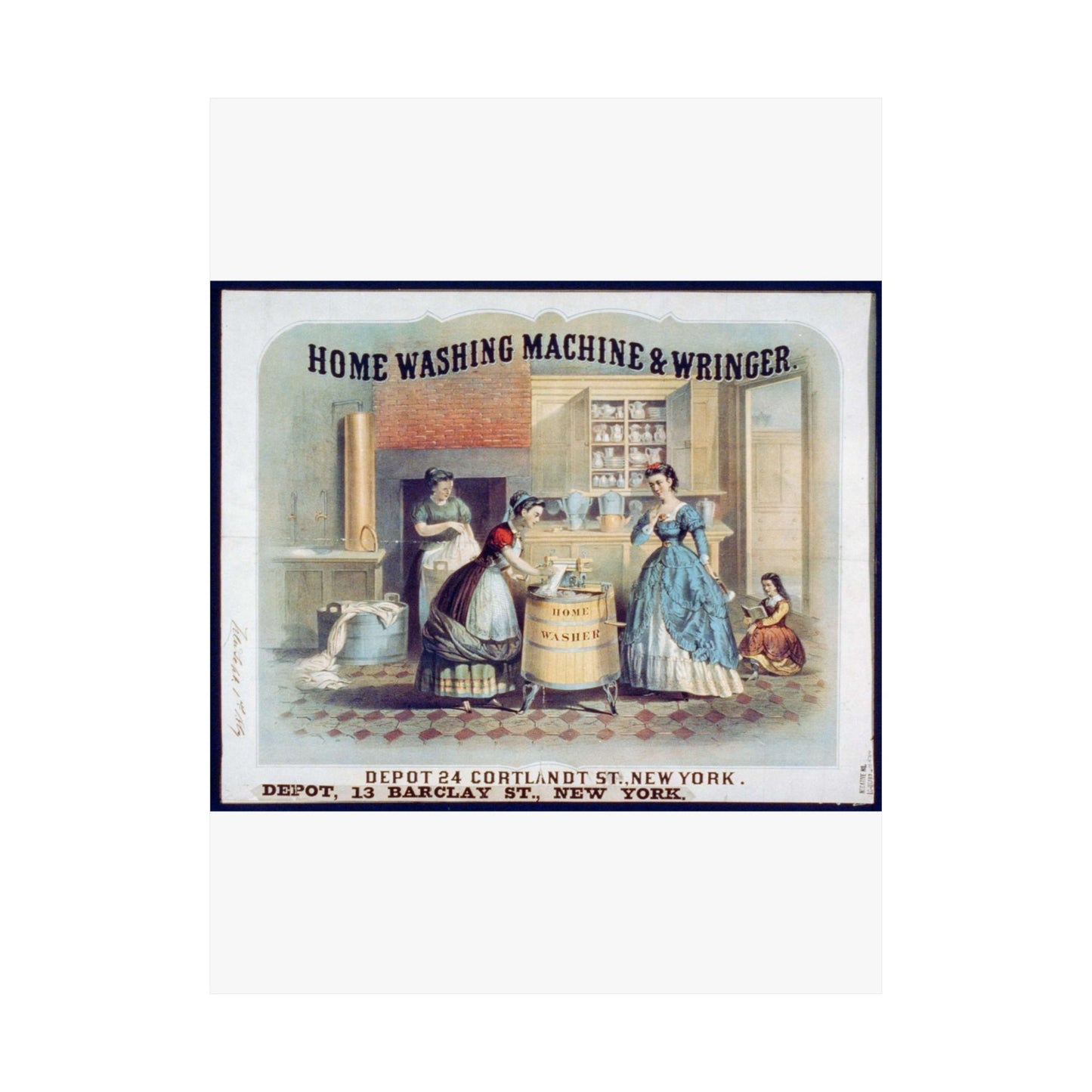 Home washing machine & wringer - A painting of women washing machines in a kitchen High Quality Matte Wall Art Poster for Home, Office, Classroom