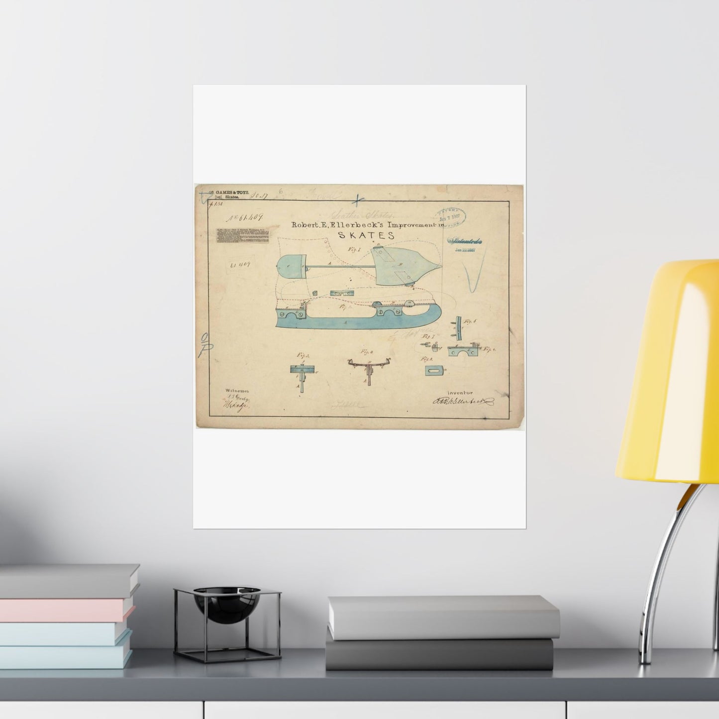 Patent drawing - Drawing of Improvement in Skates Public domain image High Quality Matte Wall Art Poster for Home, Office, Classroom