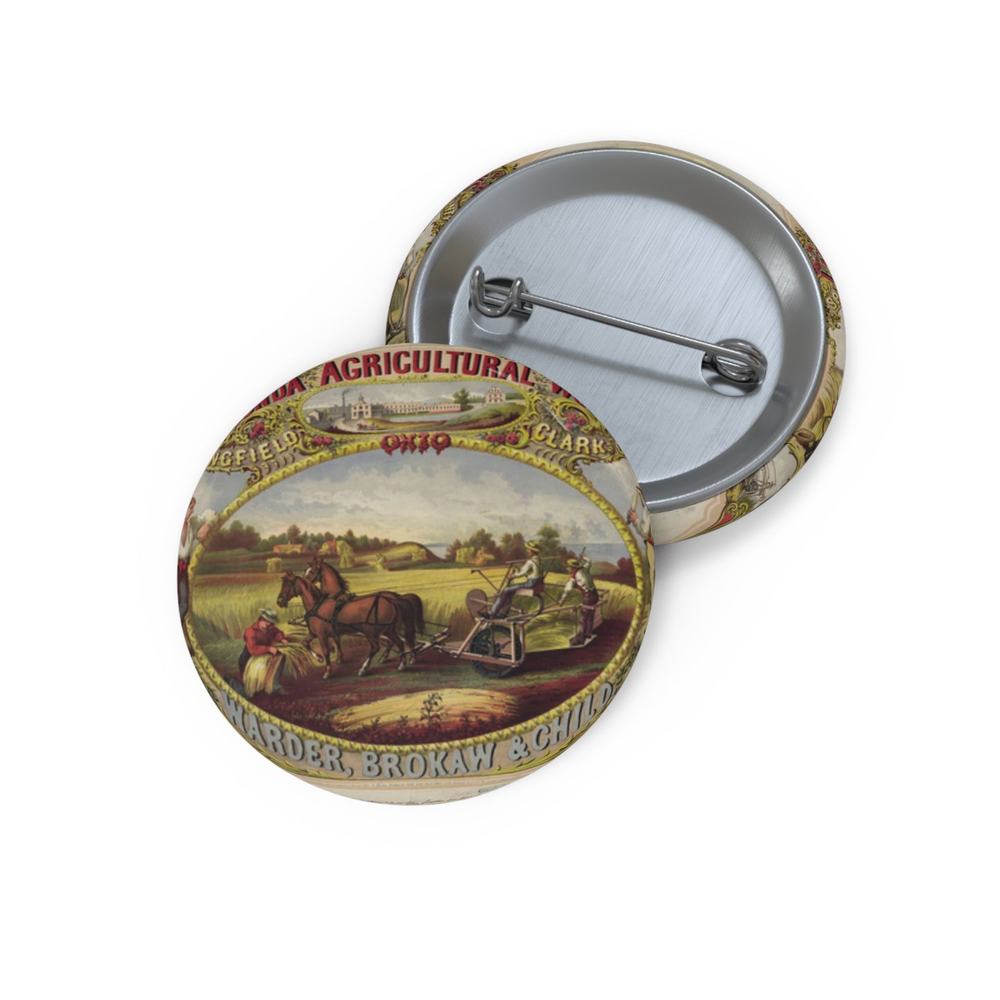 Lagonda Agricultural Works, Springfield, Clark County, Ohio, Warder, Brokaw & Child / E. Forbes, del. ; lith. of G.W. Lewis, N.Y. Pin Buttons with Crisp Design