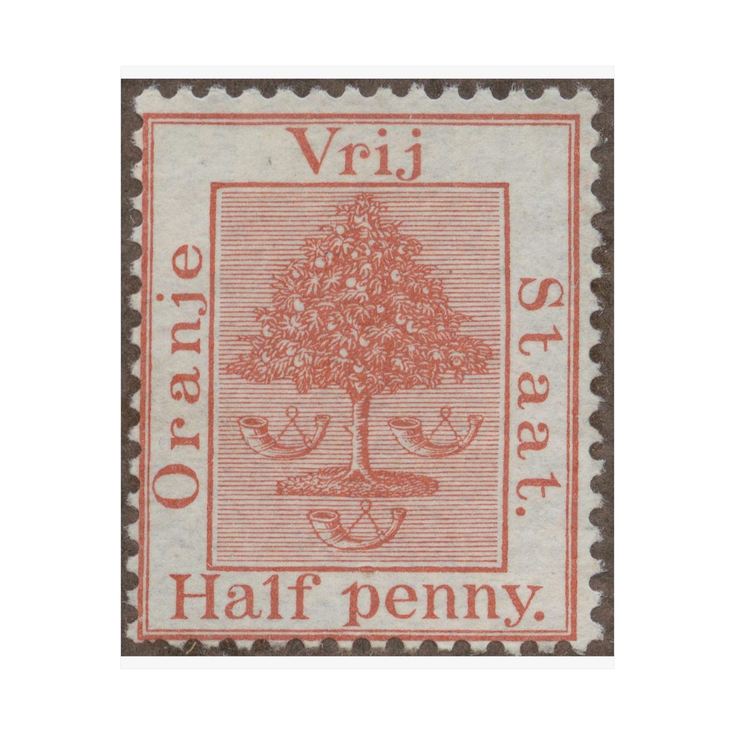 Frimärke ur Gösta Bodmans filatelistiska motivsamling, påbörjad 1950.Frimärke från Oranje -Fristaten. Motiv av apelsinträd med frukter och posthorn. High Quality Matte Wall Art Poster for Home, Office, Classroom