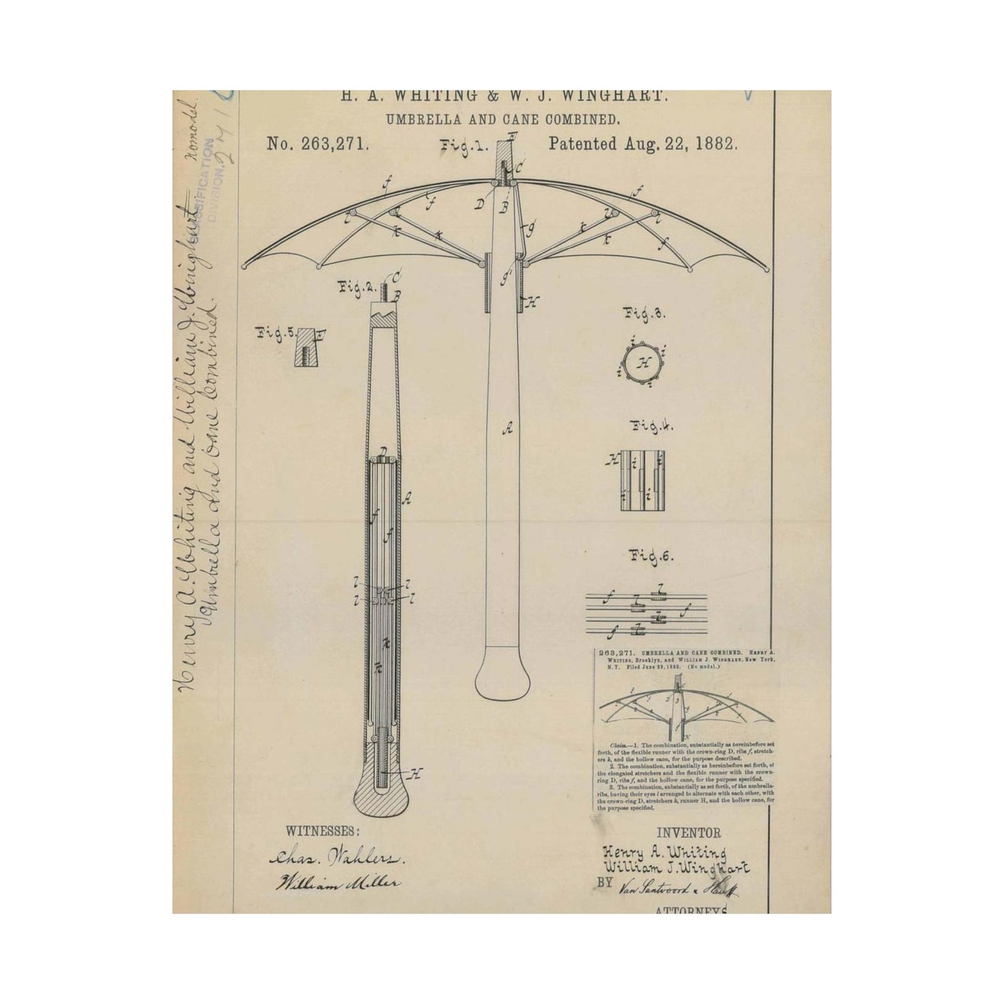 Patent drawing - for H. A. Whiting and W. J. Winghart's Umbrella and Cane Combined Public domain image High Quality Matte Wall Art Poster for Home, Office, Classroom
