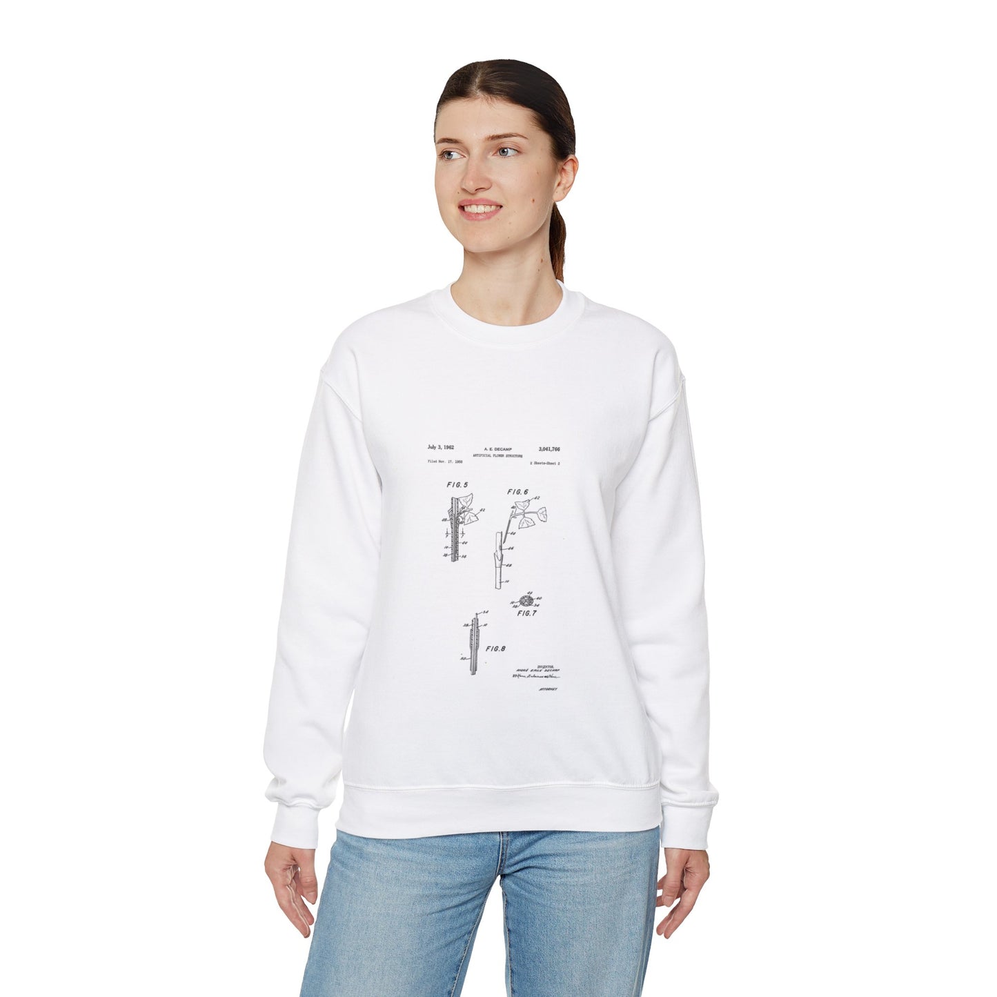 Patent Case File No. 3,041,766, Artificial Flower Structure, Inventor- Andre Emile Decamp. - DPLA - 5b42c14167aa06231801b6160e85e41a (page 8) White Heavy Blend Adult Crew Neck SweatShirt